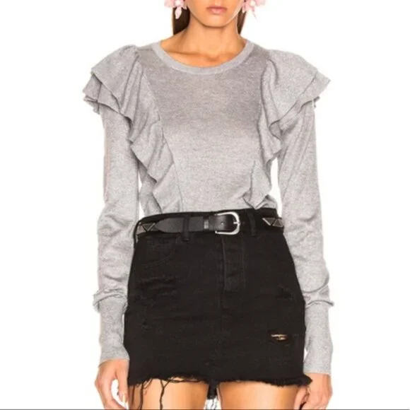 Veronica Beard Centre Ruffle Crewneck Metallic-knit Sweater Size S Gray Sparkle - Picture 2 of 10